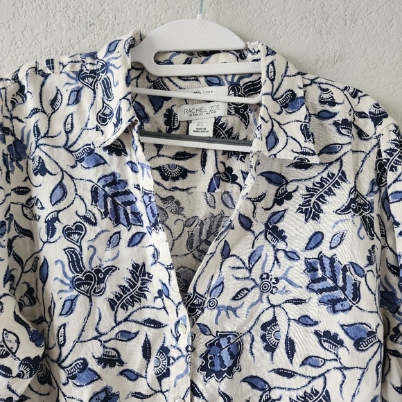 Rachel Zoe 100% Linen Button Up Paisley Floral Peasant Tunic Top Blue Lagenlook - Picture 3 of 12